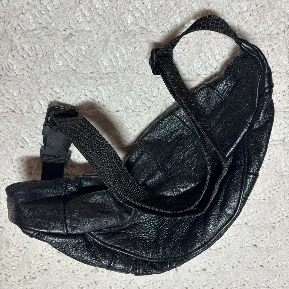 Genuine Leather Fanny Pack Black Solid Multiple Pockets Waist Bag‎ VTG